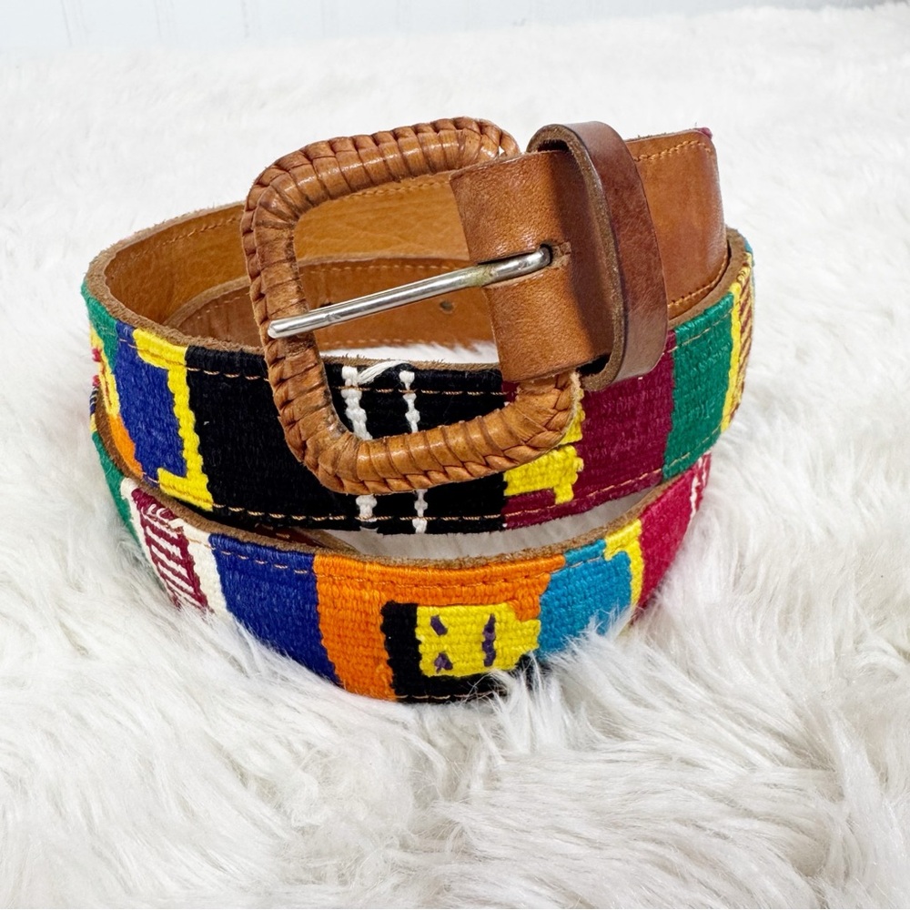VINTAGE‎ Leather Woven Rainbow Textile Belt Size 42 Large XL Artsy Boho Womens